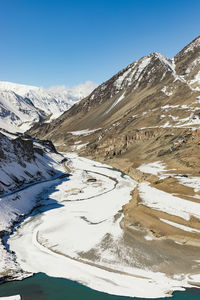 Scenic view of snowcapped mountains against blue sky