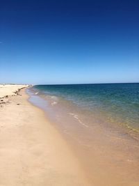 Scenic view of beach against clear blue sky