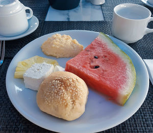 Close-up of breakfast served on table