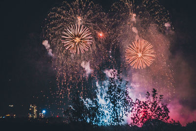 Low angle view of firework display at night