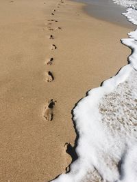 High angle view of footprints on sand at beach