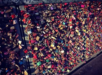 Close-up of padlocks on railing