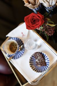 High angle view of rose bouquet on table