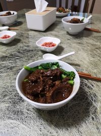 High angle view of food in plate on table