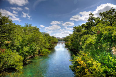 Scenic view of river against cloudy sky