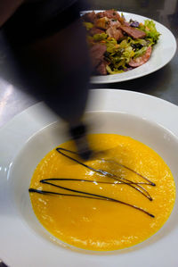 High angle view of salad in bowl on table