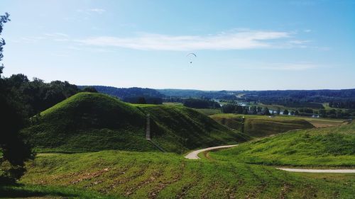 Scenic view of agricultural field against blue sky