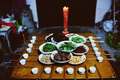 High angle view of meal served on table