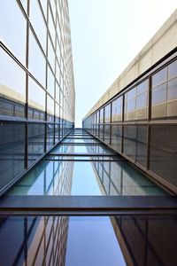 Directly below shot of glass building against clear sky