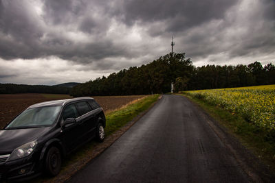 Car on road amidst trees against sky