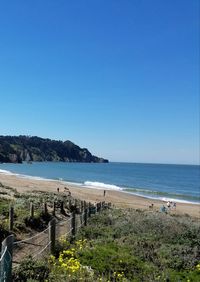 Scenic view of beach against clear blue sky