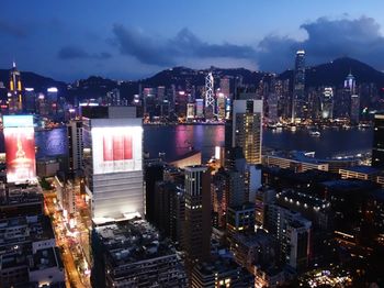 High angle view of illuminated city buildings