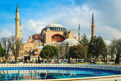 Low angle view of hagia sophia against cloudy sky