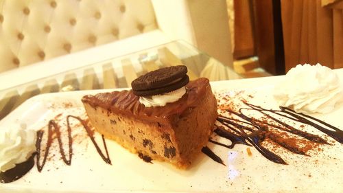 Close-up of chocolate cake in plate