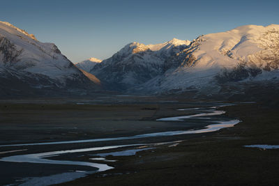 Scenic view of snowcapped mountains against sky during sunset