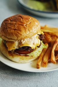Close-up of burger on table