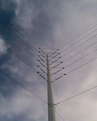 Low angle view of power lines against cloudy sky
