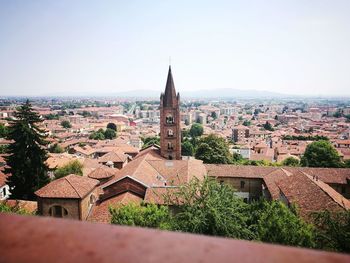 High angle view of townscape against clear sky