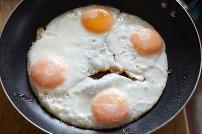 High angle view of fried egg in frying pan