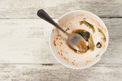 High angle view of tea in bowl on table