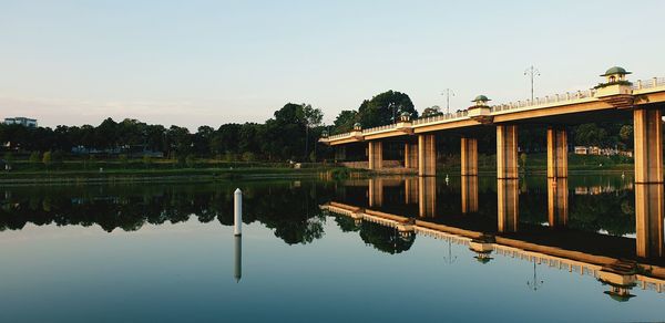 Reflection of building in lake against clear sky