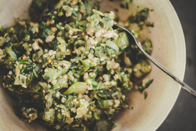 High angle view of chopped vegetables in bowl