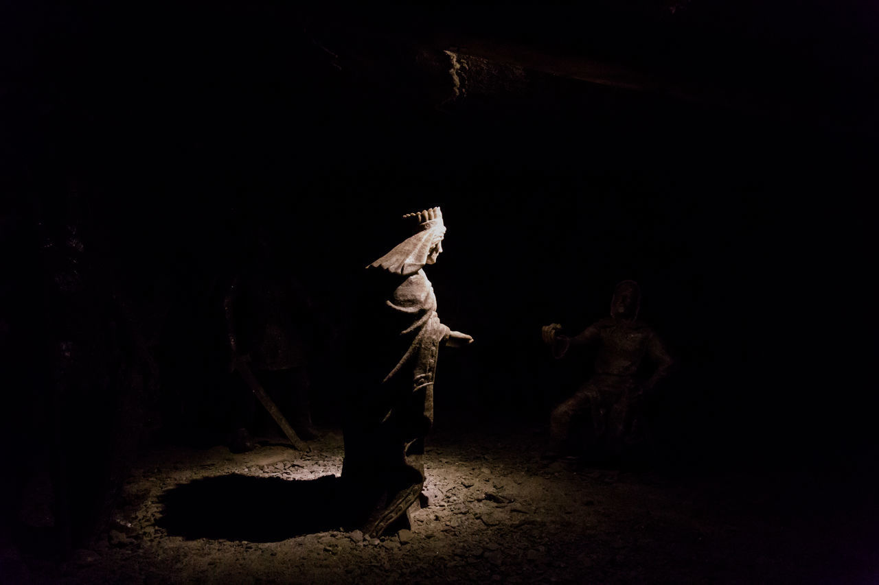 STATUE AGAINST ILLUMINATED LIGHT PAINTING