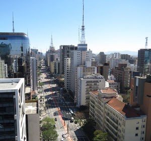 High angle view of buildings in city