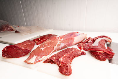 High angle view of meat on table