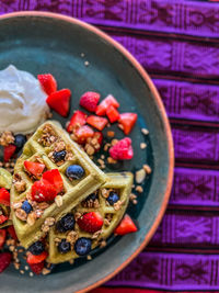 High angle view of food in plate on table