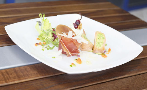 High angle view of food in plate on table