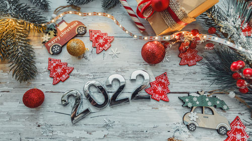 High angle view of christmas decorations on table