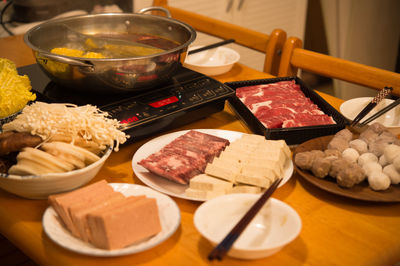 High angle view of food in plate on table