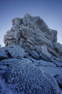 Low angle view of rock formation against clear sky