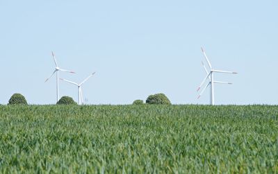 Wind turbines on field against clear sky