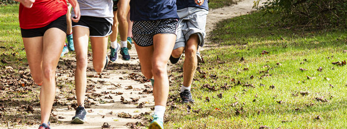 Low section of women walking outdoors