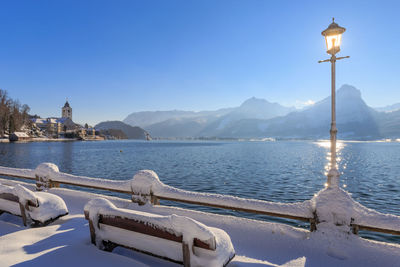 Scenic view of lake against clear blue sky