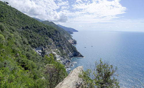 High angle view of sea and mountains against sky