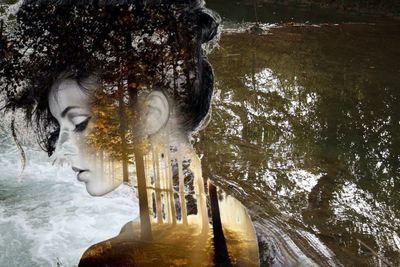 Digital composite image of woman and trees in water