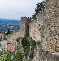 Plants growing on wall of fort against sky