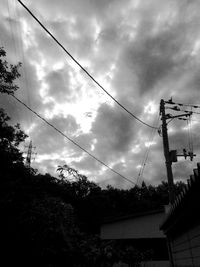 Low angle view of power lines against cloudy sky