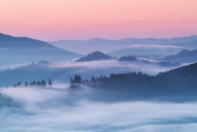 Scenic view of silhouette mountains against sky during sunset