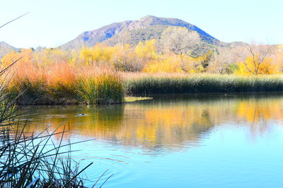 Scenic view of lake and mountains against sky