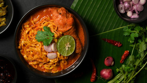 High angle view of food in plate on table