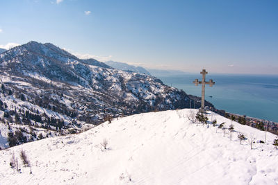 Scenic view of snowcapped mountains by sea against sky