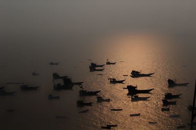 Birds flying over sea against sky