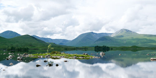 Panoramic view of lake and mountains against sky