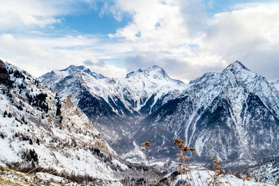 Scenic view of snowcapped mountains against sky