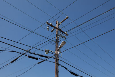 Low angle view of power lines against clear sky