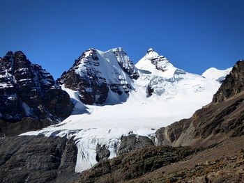 Scenic view of snowcapped mountains against clear blue sky